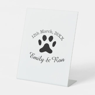 Dog paw black pet wedding couple name date romanti pedestal sign