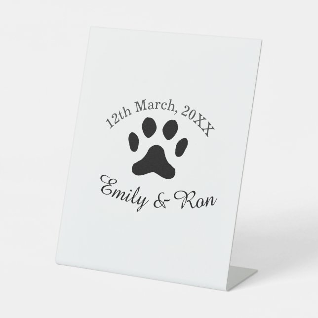 Dog paw black pet wedding couple name date romanti pedestal sign (Front)