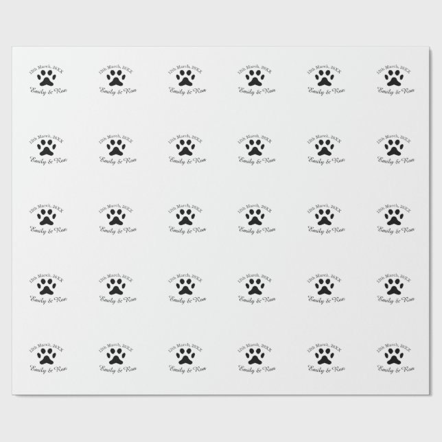 Dog paw black pet wedding couple name date romanti wrapping paper (Flat)