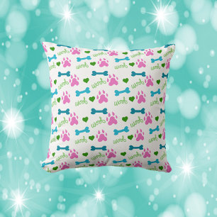Dog Paw Bone Woof Pink Teal Green Cushion