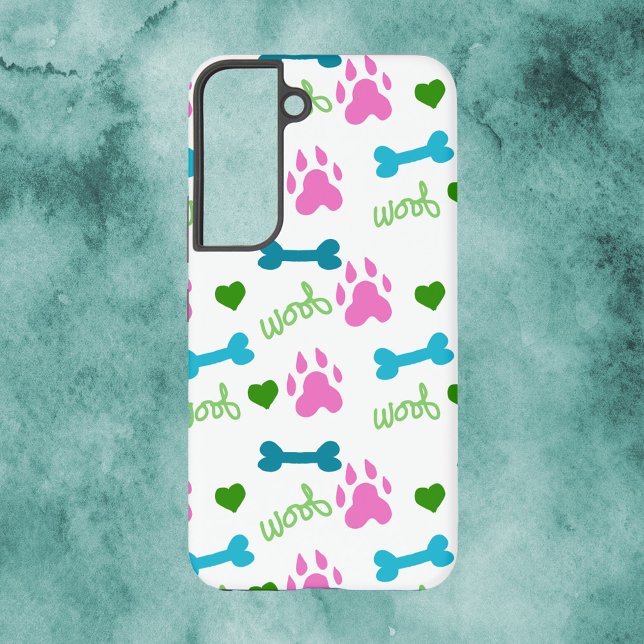 Dog Paw Bones Hearts Woof Pattern Pink Samsung Galaxy S22 Case (A phone case with a pattern of dog paws, bones, hearts and woof in pink, blue and green.)
