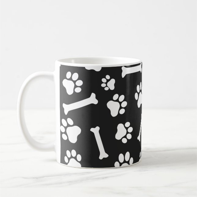 Dog Paw & Bones Pattern - Inverted Black & White  Coffee Mug (Left)