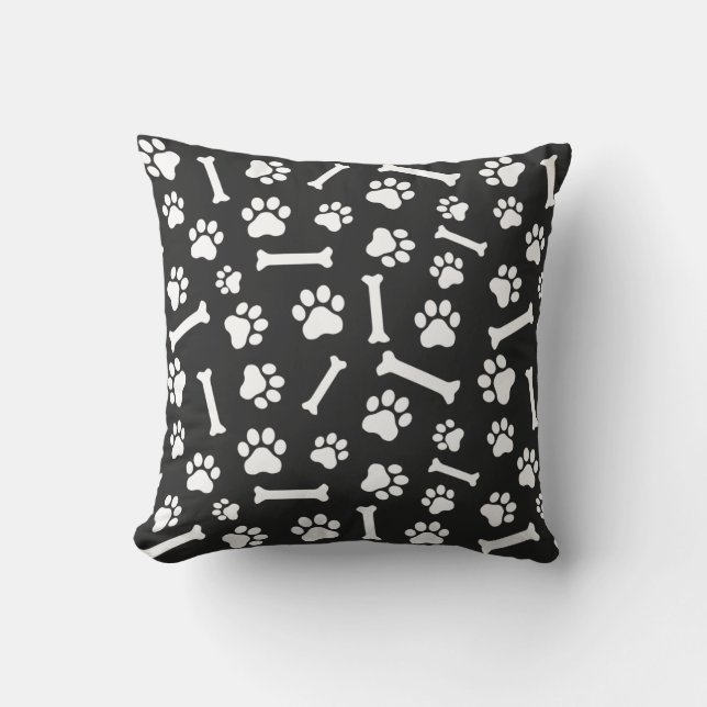 Dog Paw & Bones Pattern - Inverted Black & White Cushion (Front)