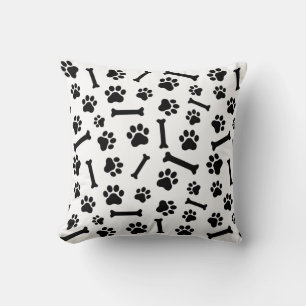 Dog Paw & Bones Seamless Pattern - Black & White Cushion
