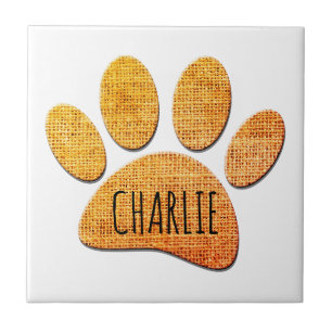 Dog Paw Burlap Aged Print Custom Name Ceramic Tile