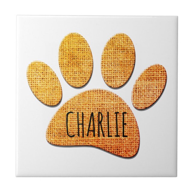 Dog Paw Burlap Aged Print Custom Name Ceramic Tile (Front)