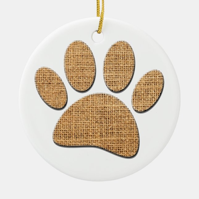 Dog Paw Burlap Print Ceramic Ornament (Front)