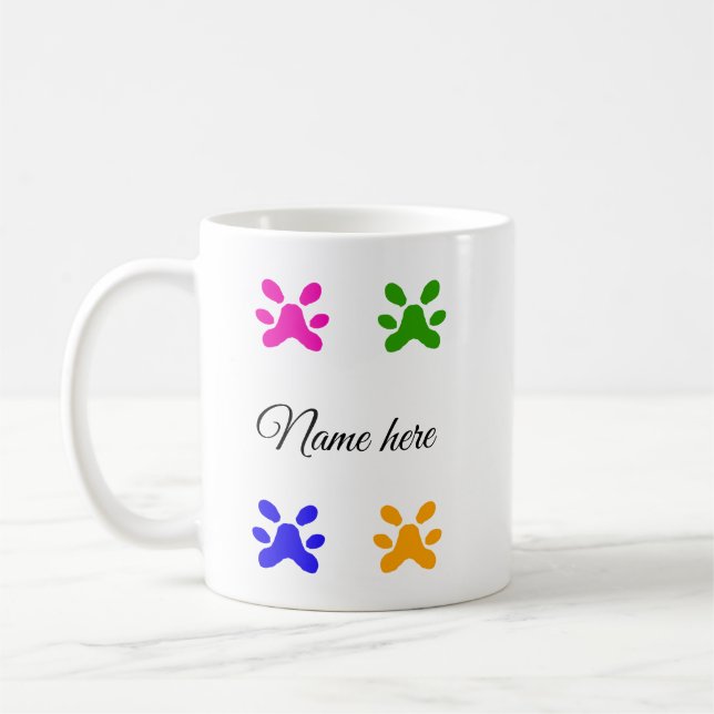 Dog paw colourful pet add name text animal paw coffee mug (Left)
