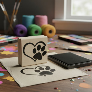 Dog Paw Heart Silhouette Rubber Stamp
