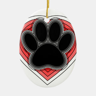 Dog Paw In Red Heart With Outlines Ceramic Ornament
