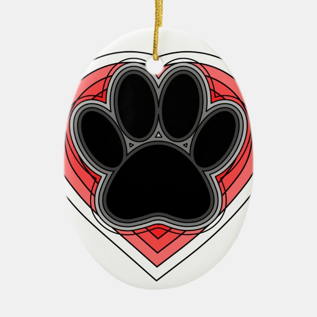 Dog Paw In Red Heart With Outlines Ceramic Ornament (Front)