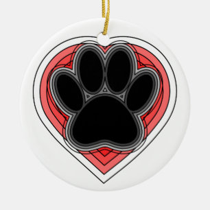 Dog Paw In Red Heart With Outlines Ceramic Tree Decoration
