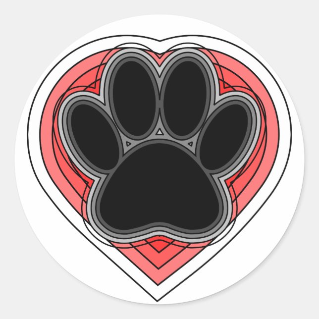 Dog Paw In Red Heart With Outlines Classic Round Sticker (Front)