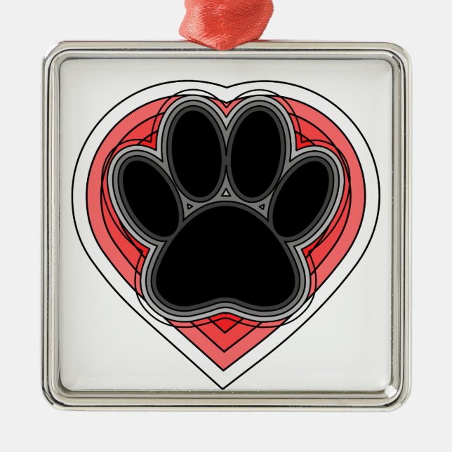Dog Paw In Red Heart With Outlines Metal Ornament (Front)