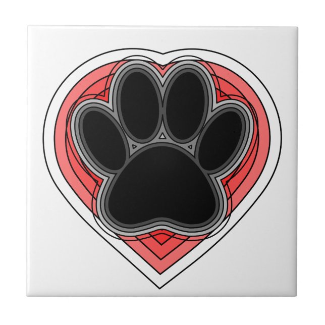 Dog Paw In Red Heart With Outlines Tile (Front)