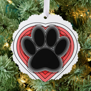 Dog Paw In Red Heart With Outlines Tree Decoration Card