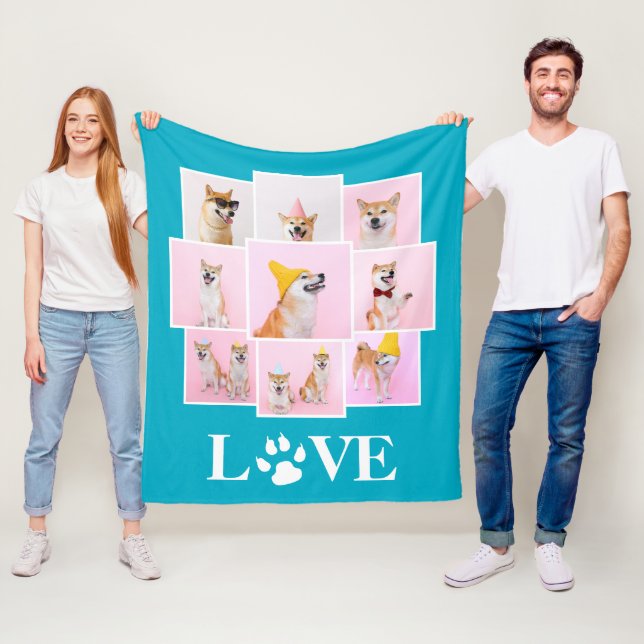 Dog Paw LOVE Personalised 9 Photo Collage Fleece Blanket (In Situ)