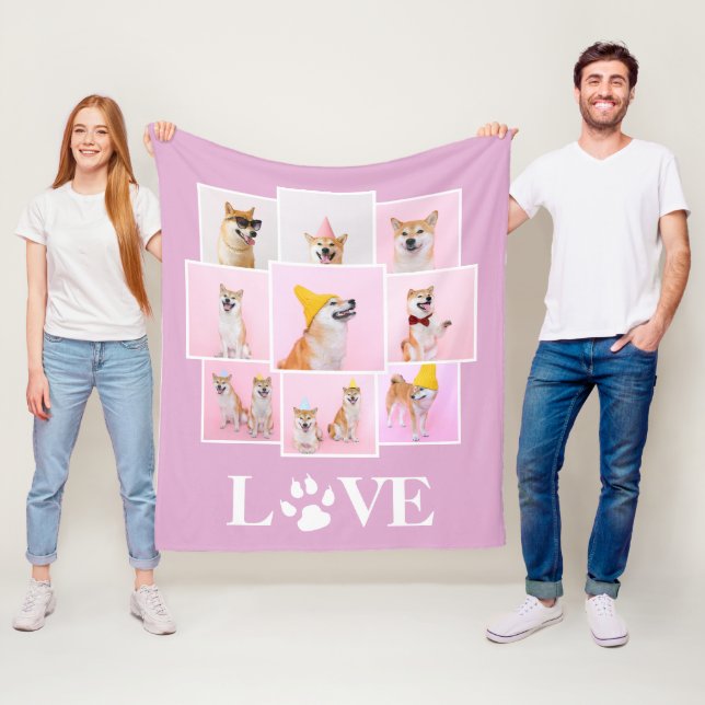 Dog Paw LOVE Personalised 9 Photo Collage Fleece Blanket (In Situ)