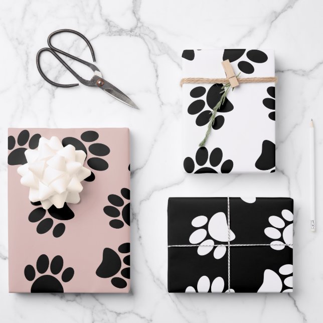 Dog Paw Pattern On Rose Gold Black And White Wrapping Paper Sheet (Front)