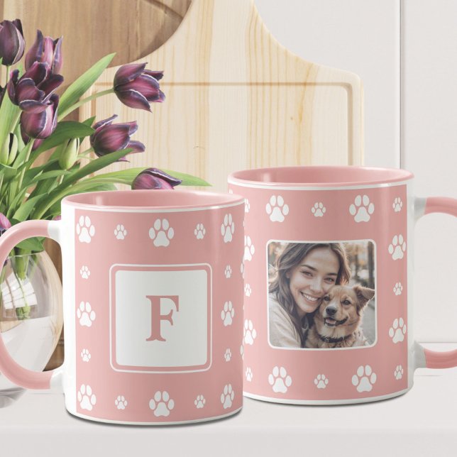 Dog Paw Pink White Monogram Photo  Mug (Creator Uploaded)