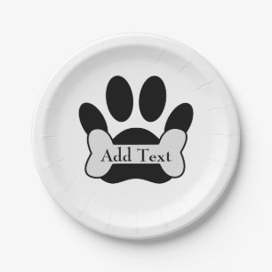Dog Paw Print And Bone Custom Text Paper Plate