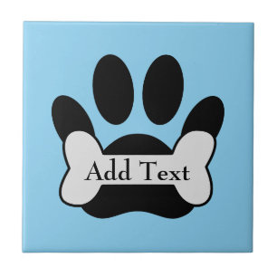 Dog Paw Print And Bone On Baby Blue Ceramic Tile