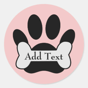 Dog Paw Print And Bone On Baby Pink Editable Classic Round Sticker