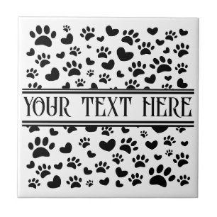 Dog Paw Print and Hearts With Custom Name Ceramic Tile
