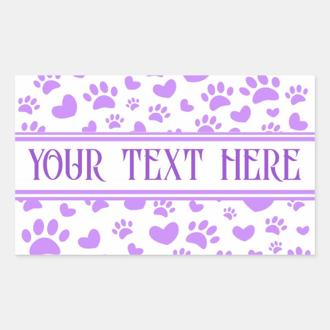 Dog Paw Print and Hearts With Custom Name Purple Rectangular Sticker (Front)