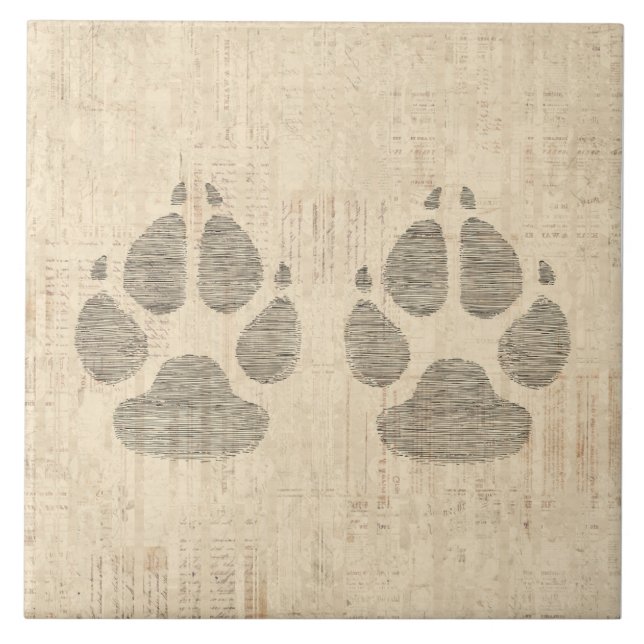 Dog Paw Print Art with Script Paper Background Ceramic Tile (Front)