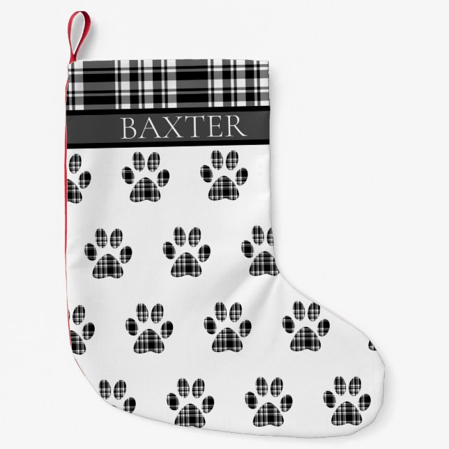 Dog Paw Print black and white Tartan Plaid Custom Small Christmas Stocking (Front)