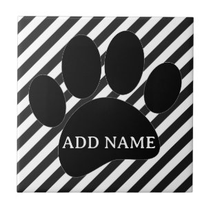 Dog Paw Print Black White Stripes Custom Name Ceramic Tile