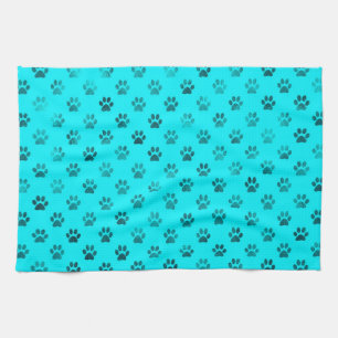 Dog Paw Print Blue Teal Aqua Background Metallic Tea Towel
