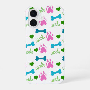 Dog Paw Print Bones Hearts Woof Pink Blue Green iPhone 16 Case