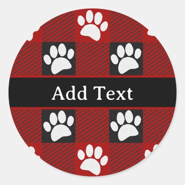 Dog Paw Print Buffalo Plaid In Black and Red Classic Round Sticker (Front)