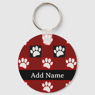 Dog Paw Print Buffalo Plaid In Black and Red Key Ring