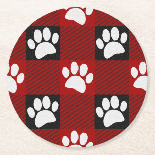 Dog Paw Print Buffalo Plaid In Black and Red Round Paper Coaster