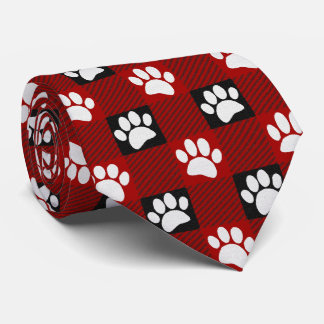 Dog Paw Print Buffalo Plaid In Black and Red Tie