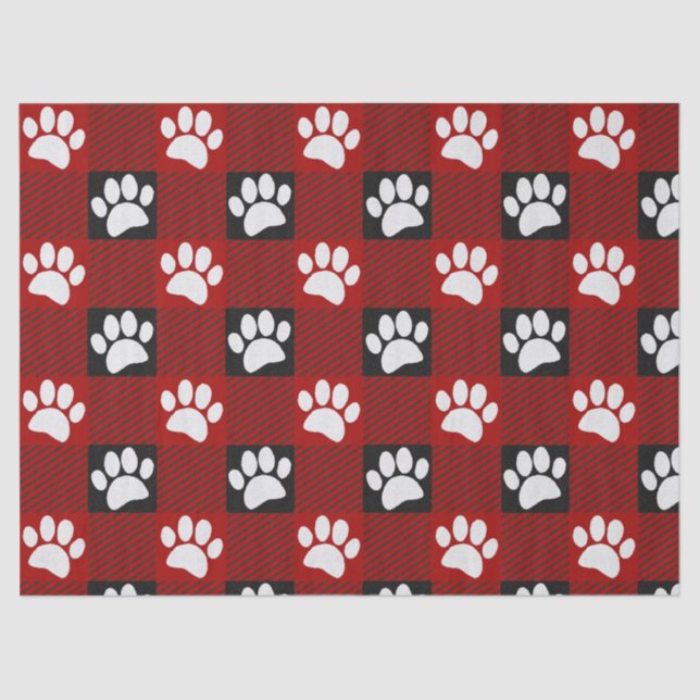 Dog Paw Print Buffalo Plaid In Black and Red Tissue Paper (Front)
