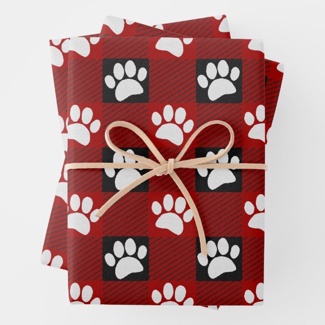 Dog Paw Print Buffalo Plaid In Black and Red Wrapping Paper Sheet (In situ)