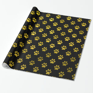Dog Paw Print Gold Black Background Metallic Faux Wrapping Paper