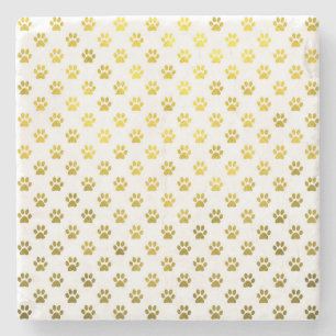 Dog Paw Print Gold White Metallic Faux Foil Paws Stone Coaster