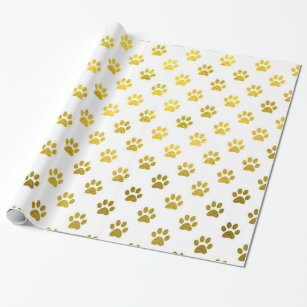 Dog Paw Print Gold White Metallic Faux Foil Paws Wrapping Paper