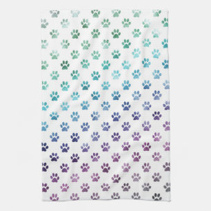 Dog Paw Print Green Blue Purple Rainbow White Tea Towel