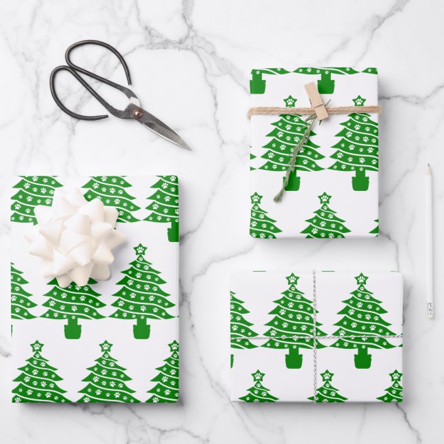 Dog Paw Print Green Christmas Tree Wrapping Paper Sheet (Front)
