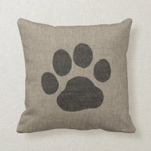 Dog Paw Print   Linen Burlap Style Cushion