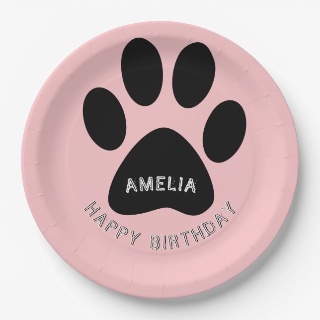 Dog Paw Print Pink Birthday Party Paper Plate (Front)