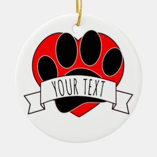 Dog Paw Print Red Heart Banner Ceramic Ornament