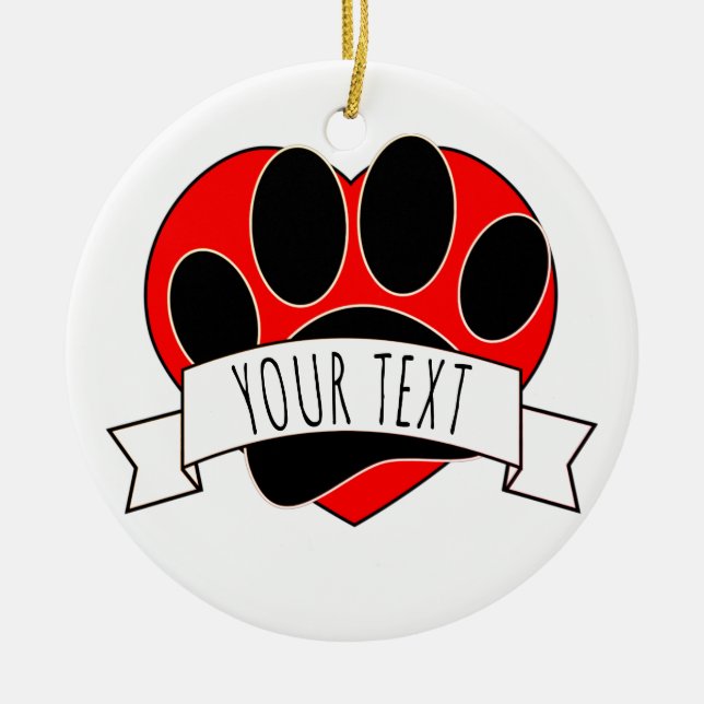 Dog Paw Print Red Heart Banner Ceramic Ornament (Front)