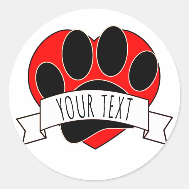 Dog Paw Print Red Heart Banner Classic Round Sticker (Front)